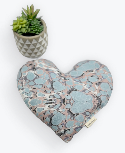 light blue, gray and light brown colored tie dye fabric heart shaped eye pillow