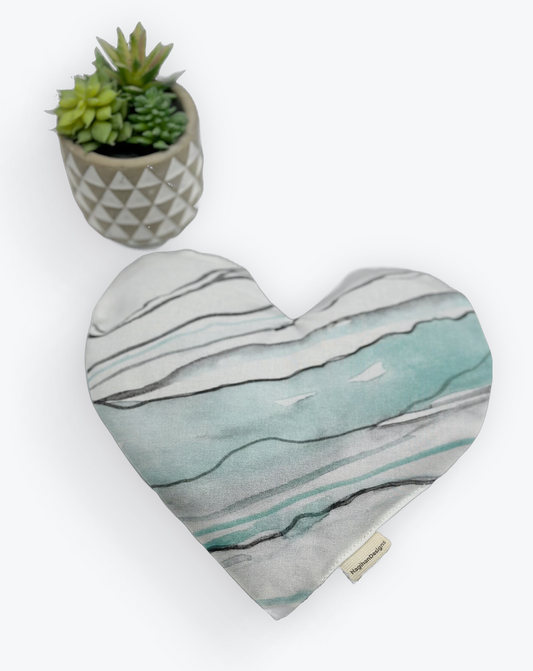 Turquoise and white color tie dye fabric with black uneven lines heart shape eye pillow