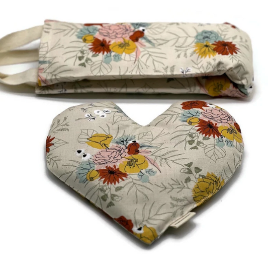 Neckwrap and hearth shaped eye pillow combo cream color fabric with flowers on it 